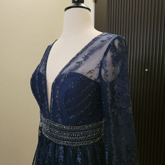 Mac Duggal 66591 Navy Blue 2 Long Sleeve Formal Embroidered Maxi Gown Dress - Picture 9 of 15